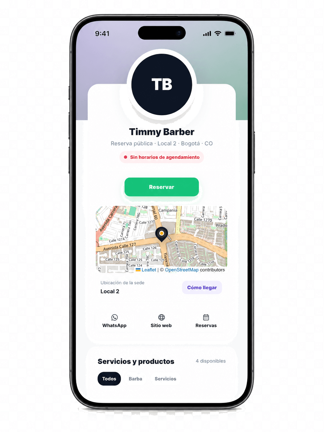 StyleOS móvil mostrando la reserva pública de Timmy Barber